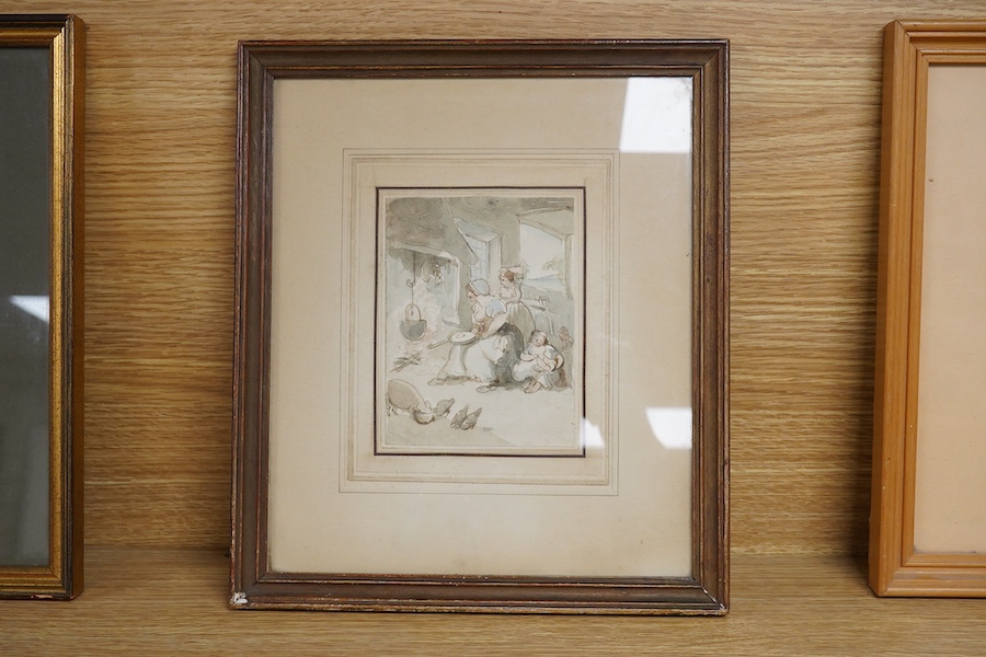Attributed to Thomas Rowlandson (1756-1827), 'The country cobbler', unsigned, watercolour, details verso, 14 x 10cm